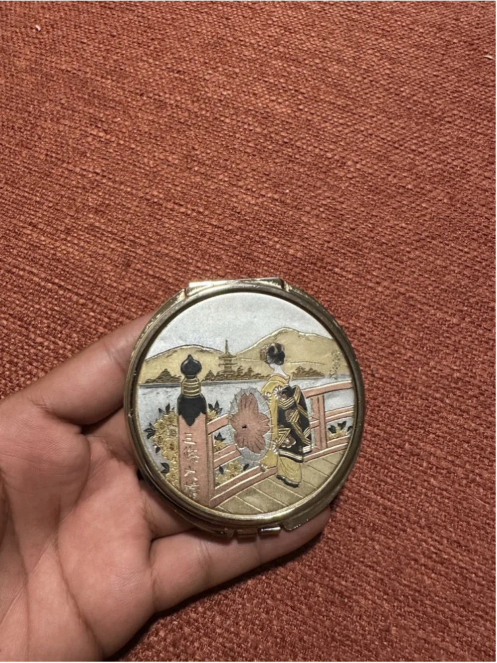 Round Metal Compact Mirror with Enamel Japanese Scene Scenic Design